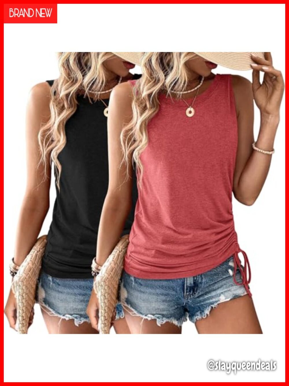 2 Pack Womens Tank Tops Sleeveless Drawstring Summer Casual Shirts
